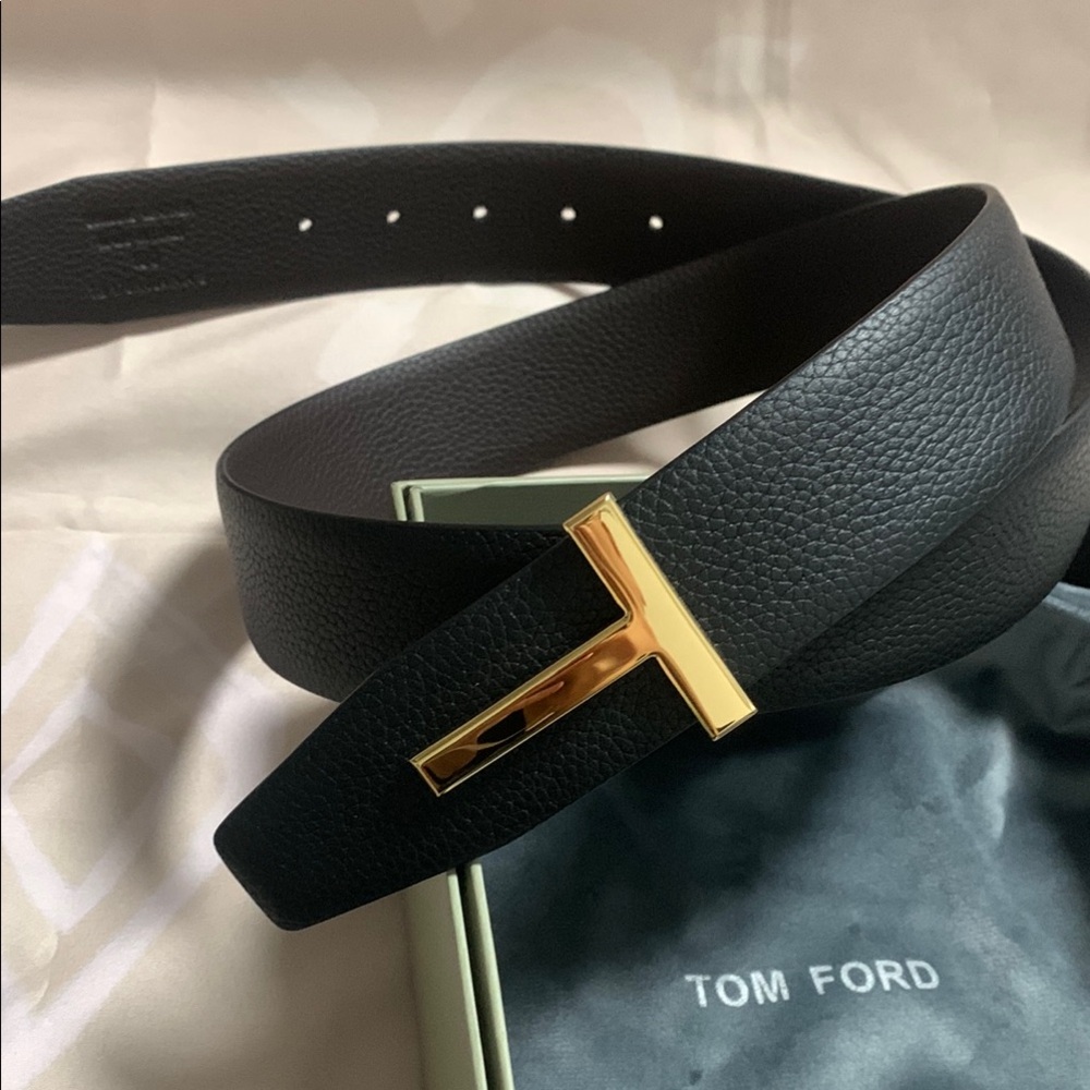Tom Ford Black Leather Belt with Gold Buckle